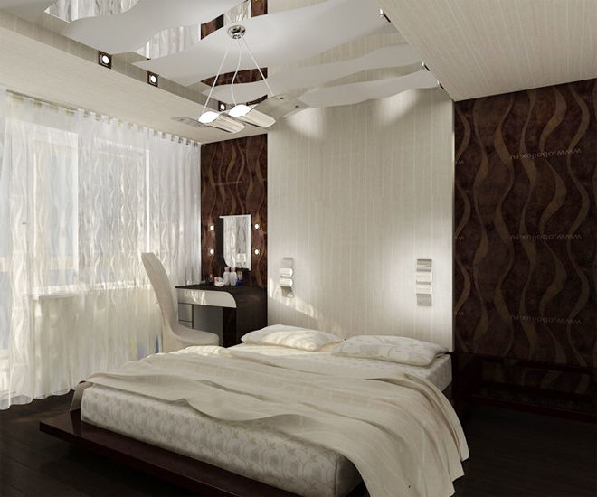 Дизайн спальни с кроватью посередине