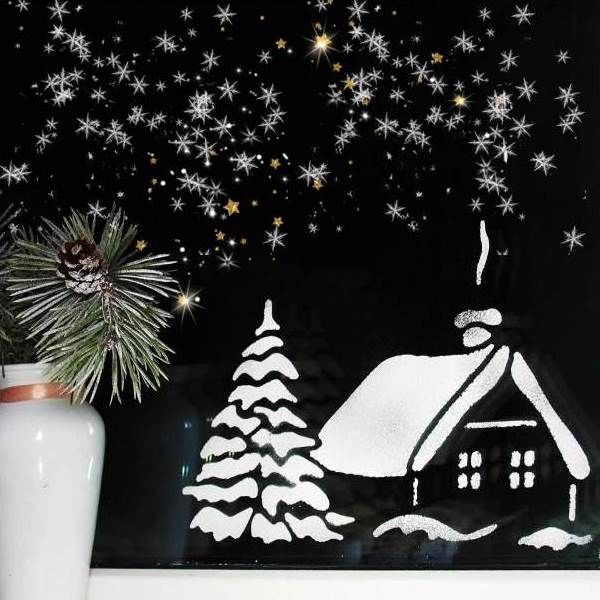 заснеженный домик новогодний рисунок сделанный мукой на окне фото 